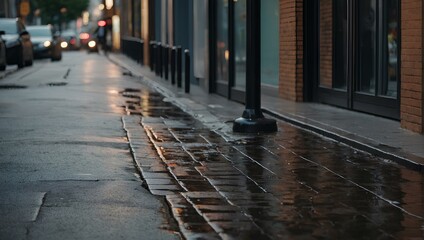 An urban street lined with cobblestones, yellow poles, and buildings in vibrant colors generative AI