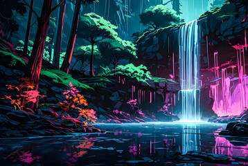 A cybernetic waterfall cascading from a cliffside in the midst of a neon-lit forest vector art illustration generative AI image.
