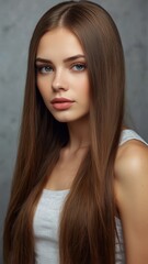 Naklejka premium Potrait beautiful model western woman with shiny and straight long hair