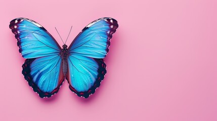 A blue butterfly atop a pink surface, wings spread wide, head turned as if gazing directly ahead