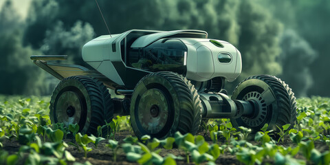Fototapeta premium An innovative autonomous farming robot designed for agricultural tasks amidst young crops, illustrating advanced agricultural technology