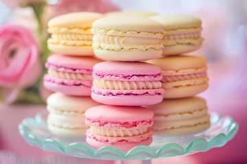 Vibrant stack of assorted macarons on a plate with a blurred rose background