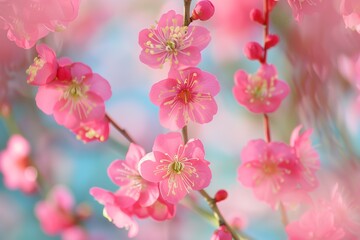 Obraz premium Beautiful cherry blossoms in full bloom with a soft-focused, dreamy background of blue skies