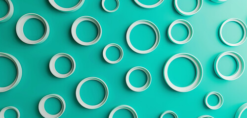 Extended perspective: art hall with tiny circular empty frames on a vibrant turquoise wall, playful and modern.