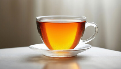 Close-up of a cup of tea on a table with a white tablecloth.