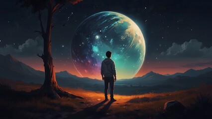 Fototapeta premium Young man in white looking down at the glowing little planet on the ground, digital art style, illustration painting, generative AI