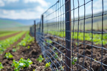 Steel wire mesh fencing in agricultural fields with farm crops and machinery in the background, showcasing utility and durability.. AI generated.