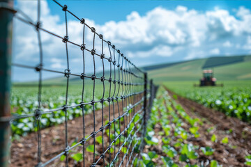 Fototapeta premium Steel wire mesh fencing in agricultural fields with farm crops and machinery in the background, showcasing utility and durability.. AI generated.