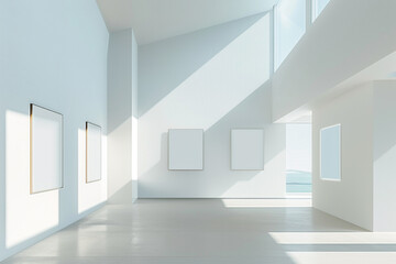 Small blank posters in different geometric shapes displayed in a bright airy gallery, panoramic view.