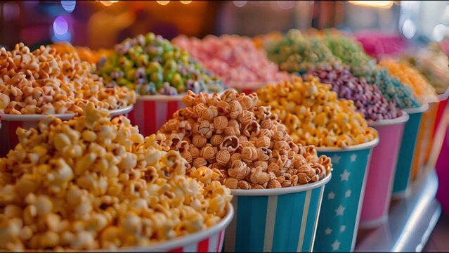 This Multiple buckets filled with various types of popcorn. Row of Buckets Filled With Different Kinds of Popcorn