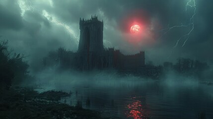 Fototapeta premium black lake , small island with a huge high tower in the middle, front view,geometrical high tower, dark sky with thunder and with fog, 