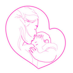mother kissing her baby while breastfeeding with heart shaped frame, with a white background