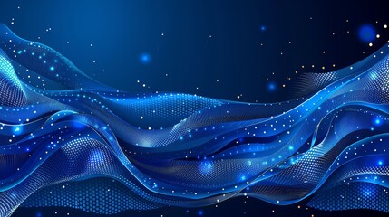  A blue abstract backdrop featuring wavy lines and dots, contrasting against a darker blue base Stars punctuate the night sky above Allocate space for text or logo beneath