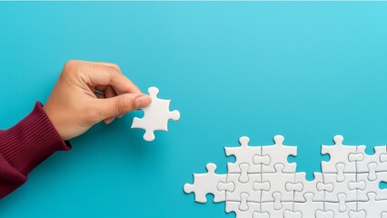  a human hand with the index finger pointing upwards, about to place a white jigsaw puzzle piece into its corresponding space