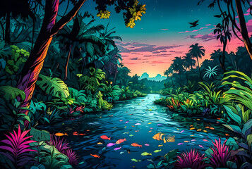 A neon-lit jungle river winding through the dense vegetation, with colorful fish swimming beneath the surface vector art illustration generative AI image.
