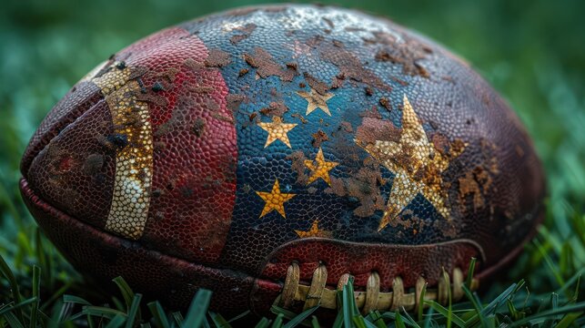 American football ball closeup on lawn, rugby background. Generative AI