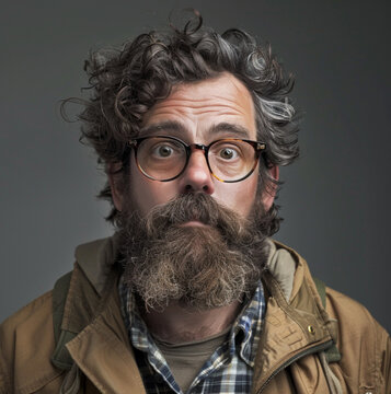 photo of a frumpy caucasian dad, Wearing glasses, looking at a camera, beard
