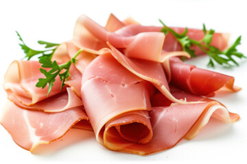 An elegant display of thinly sliced prosciutto garnished with fresh rosemary and scattered peppercorns, isolated on a white background.