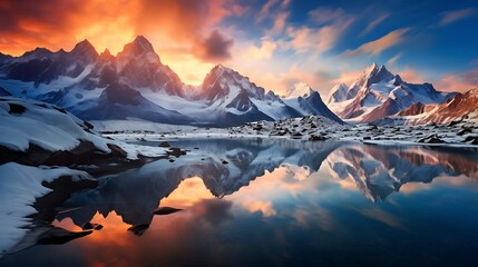 Mountain landscape with a crystal-clear lake reflecting snowy peaks under a blue sky, sunset