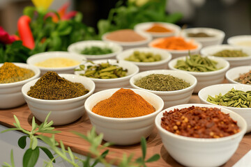 A variety of spices are displayed in white bowls on a wooden table