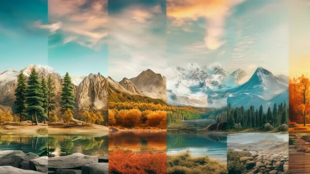 Panoramic, photorealistic landscape collage showcasing different seasons, diverse terrains, changing weather patterns, serene, vibrant colors, reflection, mountains, lakes, forests, valleys, seasonal.