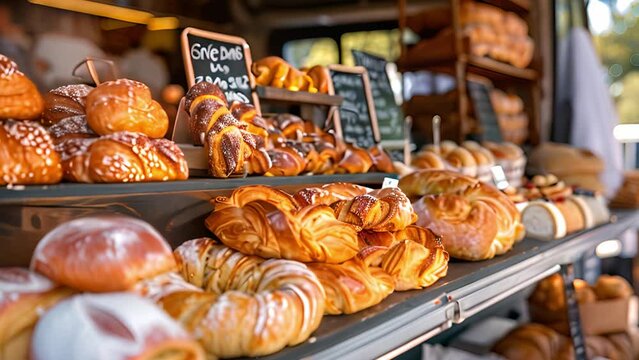 This Various types of bread neatly displayed in a glass case. Assorted Bread Varieties in Display Case