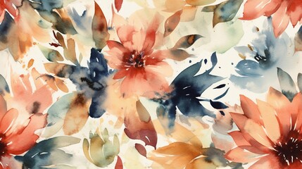Seamless watercolor floral pattern with floral background in brown and black autumn colors. Grunge textured abstract tie dye leaf and flower garden design Ai generated