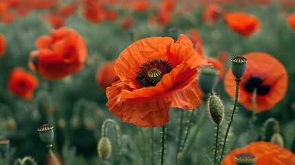 Obraz premium Close-up of vibrant red poppy flowers in a vast field. The flowers are in full bloom. A perfect depiction of nature's beauty and simplicity. AI