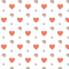 Seamless vector pattern with hand drawn rainbows and heart
