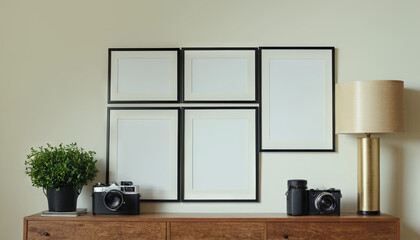 A wooden dresser with various pictures and a camera placed on top