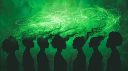 Five people in silhouette against a vibrant green backdrop