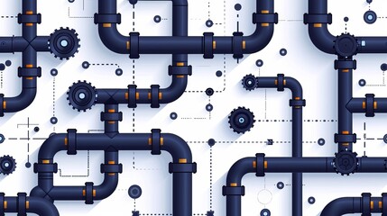 Horizontal industrial seamless pattern: blue piping on a white background for water, gas, oil. Vector illustration in a flat style.
