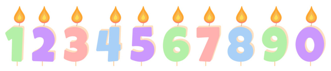 Candles numbers for birthday, anniversary, holiday isolated on white background, vector.
