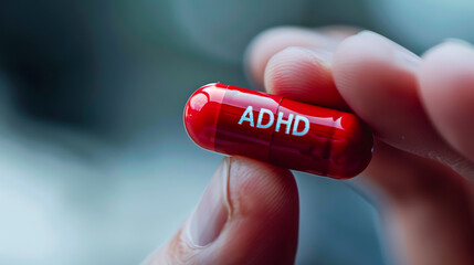 ADHD Medication Concept: hand Holding Red Pill with Text ADHD