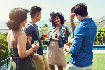 Group, friends and talking with alcohol on rooftop for celebration, summer holiday and bonding in nature. People, happy and reunion with drinks, vacation and weekend trip on balcony with conversation