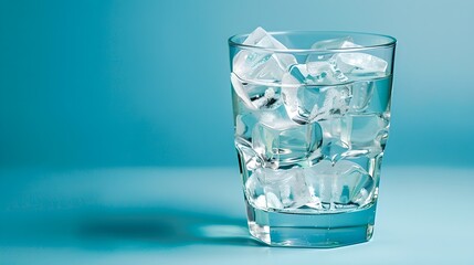 Glass of ice cubes on a blue background. Refreshing and cool drink concept. Minimalist style. Perfect image for beverage advertising and stock photos. AI