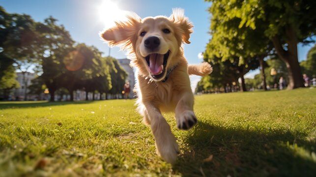  Golden Retriever happily playing in a park