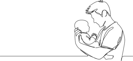 continuous single line drawing of father holding newborn baby, line art vector illustration