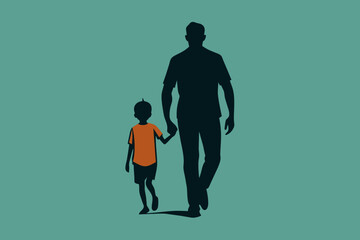 Loving father walking side by side with son holding hands