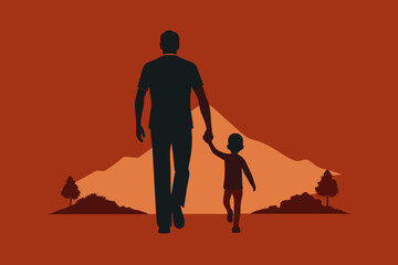 Loving father walking side by side with son holding hands