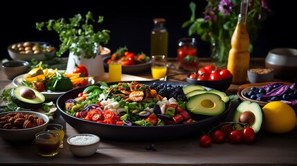 Elegant dining table with a variety of healthy and colorful foods, perfect for a brunch