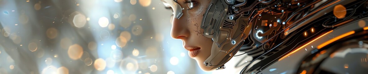 Close-up of a woman's face with futuristic, cyborg-like enhancements, set against a blurred background.