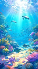 a painting of a sea turtle swimming over a coral reef