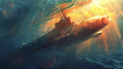 Submarine Emerging from the Ocean Depths Under Sunlight