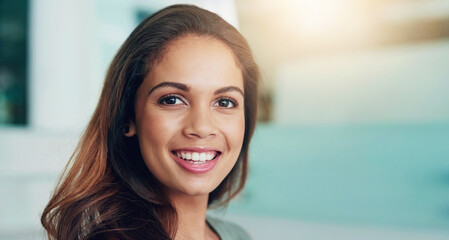 Face, portrait and woman with smile as employee for career or job growth with opportunity as...