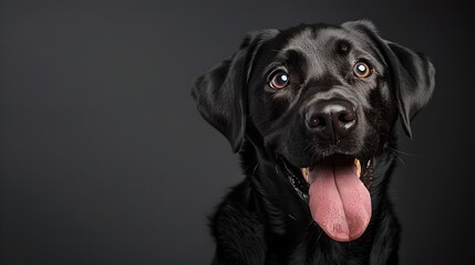 Fototapeta premium Adorable black Labrador retriever dog portrait. Happy pet with tongue out. Studio shot on dark background. Perfect for pet lovers and animal-themed projects. AI