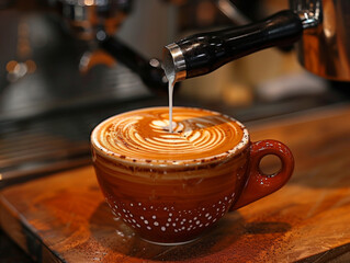 Barista pouring milk into a cup of coffee, creating a beautiful latte art design.