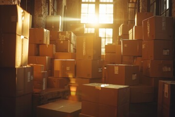 Warehouse with Cardboard Boxes and Warm Light on Pallets, Perfect for Industrial Storage, Packaging, and Logistics with Organized Distribution