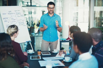 Businessman, presentation and office with team for meeting with plan overview on board for company. Collaboration, people and objectives with approach, mindmap and agenda for job in the Netherlands.