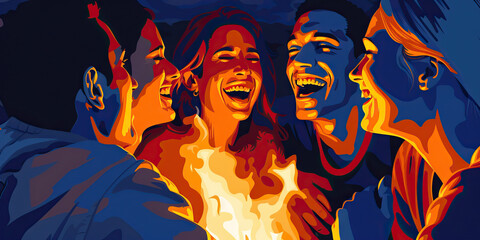 Blue: A group of friends share a hearty laugh around a cozy fire, their faces illuminated by its warm glow